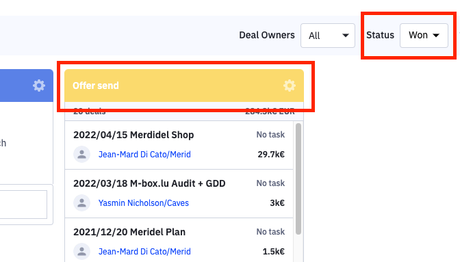 Offer send in deals - status won