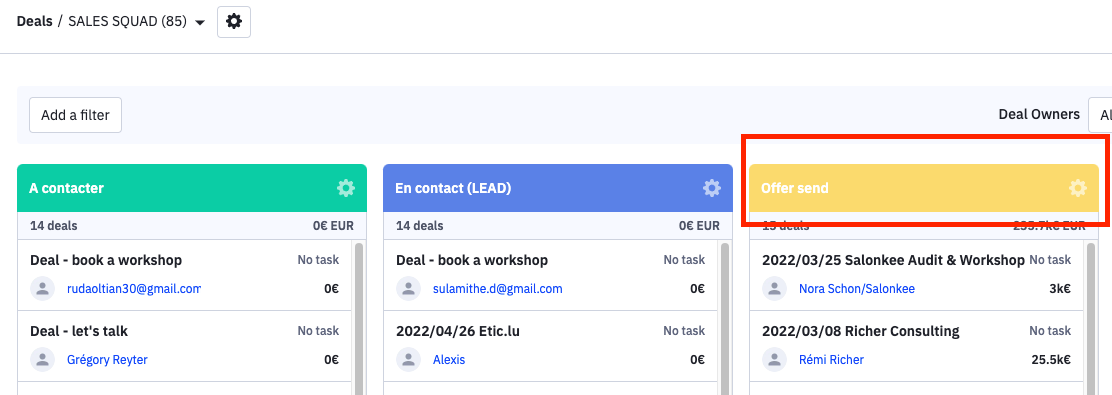 Deals Offer send stage on Sales Squad pipeline
